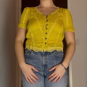 Vintage Cotton Yellow Lace Trim Button-Up Blouse